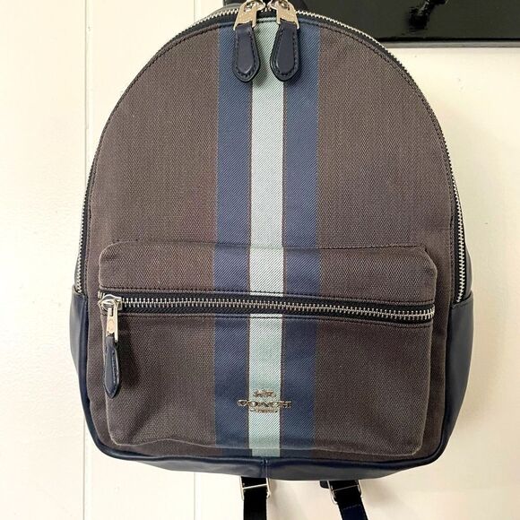 Coach blue grey striped zippered backpack - Picture 1 of 8